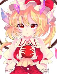 Rule 34 | 1girl, apple, blonde hair, bow, breasts, character name, closed mouth, collared shirt, crystal, flandre scarlet, food, frilled bow, frilled shirt collar, frilled sleeves, frills, fruit, hair between eyes, hat, hat bow, holding, holding food, holding fruit, hyaku paasento, looking at viewer, medium hair, mob cap, multicolored wings, one side up, puffy sleeves, red apple, red bow, red eyes, red vest, shirt, simple background, sleeve ribbon, small breasts, solo, touhou, upper body, vest, white background, white hat, white shirt, wings, wrist cuffs