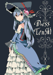 Rule 34 | 1girl, adapted costume, aoi kujira, bare shoulders, blue hair, blush, bonnet, bright pupils, character name, cowboy shot, dress, elbow gloves, english text, food, food on head, frilled dress, frills, fruit, fruit on head, gloves, hair between eyes, hinanawi tenshi, lace-up top, long hair, looking at viewer, object on head, peach, red eyes, solo, steampunk, touhou, very long hair, white pupils