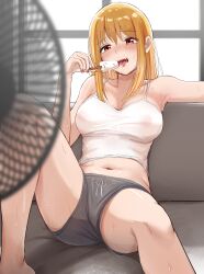 Rule 34 | 1girl, absurdres, backlighting, bare legs, blonde hair, breasts, camisole, commentary, couch, covered erect nipples, electric fan, english commentary, fingernails, food, head tilt, highres, holding, holding food, holding popsicle, hot, ice cream, indoors, large breasts, leaning back, midriff, navel, on couch, open mouth, original, outstretched arm, popsicle, red eyes, red nails, see-through, see-through shirt, short shorts, shorts, sitting, sleeveless, solo, supertim, sweat, tongue, tongue out, white camisole, window