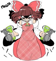 Rule 34 | 1girl, angry, apron, ascot, blunt bangs, bow, breasts, brown hair, clenched teeth, commentary request, cookie (touhou), cowboy shot, crying, crying with eyes open, dated, detached sleeves, dress, dual wielding, floating hair, frilled bow, frilled hair tubes, frilled shirt collar, frills, hair bow, hair tubes, hakurei reimu, holding, long hair, looking at viewer, medium bangs, medium breasts, nail, nail gun, pink apron, red bow, red dress, red eyes, rurima (cookie), sanpaku, shaded face, sidelocks, simple background, sleeveless, sleeveless dress, solo, tears, teeth, tetugakuzonbi, touhou, white background, white sleeves, yellow ascot