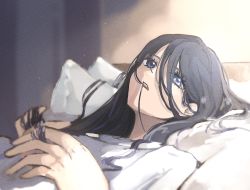 Rule 34 | 1girl, black hair, blue eyes, blurry, blurry background, commentary, gawako, hair in own mouth, highres, light particles, long hair, lying, on back, on bed, original, pillow, solo, under covers, upper body