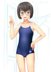 Rule 34 | 1girl, absurdres, arena (company), bad id, bad pixiv id, black eyes, black hair, black one-piece swimsuit, blue one-piece swimsuit, competition school swimsuit, cowboy shot, flat chest, hand on own hip, highres, looking at viewer, one-piece swimsuit, open mouth, original, red-framed eyewear, school swimsuit, short hair, smile, solo, swimsuit, takafumi, teeth, v, white background