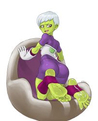 1girl absurdres armor ass barefoot blush chair cheelai colored_skin couch cum cum_on_body cum_on_lower_body cumdrip curvy dragon_ball dragon_ball_super dragon_ball_super_broly eyebrows eyelashes feet foot_focus gloves green_skin grey_hair highres kneeling nervous nervous_smile no_shoes on_chair on_couch open_mouth pink_eyes pov presenting purple_shorts purple_skirt purple_socks shadow short_hair shorts signature simple_background skin_tight skirt sleeve_cuffs smile socks soles solo spread_toes staerk stirrup_legwear suggestive_fluid sweat sweatdrop thighs toeless_legwear toes white_background white_gloves