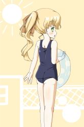 Rule 34 | 1girl, ass, bad id, bad pixiv id, blonde hair, blush, green eyes, innertube, long hair, looking back, one-piece swimsuit, original, ponytail, rapids (opsc), school swimsuit, solo, swim ring, swimsuit