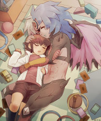 Rule 34 | 1boy, 1girl, aged down, brown hair, card, closed eyes, duel monster, playing card, sleeping, toy, wings, yu-gi-oh!, yu-gi-oh! gx, yu-gi-oh (card), yubel, yuki judai