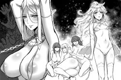 Rule 34 | 5girls, absurdres, ahoge, ass, bikini, braid, breasts, chain, collar, covering privates, covering crotch, eireen (usagi nagomu), elbow gloves, elf, emma (usagi nagomu), covered erect nipples, floating hair, gloves, arms up, hands up, highres, huge breasts, huge filesize, long hair, metal collar, multiple girls, nude, original, parted lips, pointy ears, scan, short hair, slave, small breasts, swimsuit, thighhighs, third-party edit, usagi nagomu