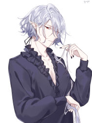 Rule 34 | 1boy, absurdres, arknights, black nails, black shirt, closed mouth, ear piercing, earrings, eyes visible through hair, grey hair, hair over one eye, hand up, highres, jewelry, long hair, long sleeves, male focus, nail polish, piercing, pointy ears, puffy long sleeves, puffy sleeves, red eyes, sanguinarch (arknights), shirt, signature, simple background, solo, very long hair, white background, yoruyume