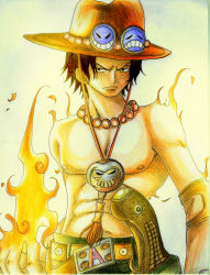 Rule 34 | 1boy, belt, fire, freckles, frown, hat, jewelry, knife, looking at viewer, male focus, necklace, one piece, portgas d. ace, sad face, topless male, smiley, smiley face, solo