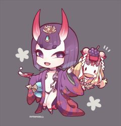 Rule 34 | 2girls, ankle ribbon, black eyes, blonde hair, chibi, chibi only, cup, eyeliner, facial mark, fang, fate/grand order, fate (series), food, forehead mark, fruit, fruit bowl, full body, gourd, grapes, grey background, holding, holding cup, horns, ibaraki douji (fate), japanese clothes, kotorai, leg ribbon, looking at viewer, makeup, multiple girls, navel, on head, open mouth, peach, purple eyes, red eyeliner, red ribbon, revealing clothes, ribbon, sakazuki, short hair, shuten douji (fate), simple background, skin-covered horns, wide sleeves