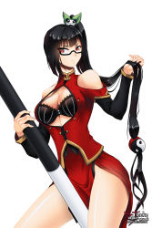 Rule 34 | 1girl, black bra, black hair, blazblue, bra, breasts, china dress, chinese clothes, cleavage, cleavage cutout, clothing cutout, collarbone, dress, glasses, hair ornament, hand on own hip, invisible chair, large breasts, litchi faye ling, long hair, panda hair ornament, pelvic curtain, ponytail, red eyes, setumi, shadow, sitting, sleeveless, sleeveless dress, solo, staff, thighs, underwear, very long hair, white background