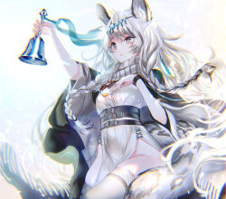 Rule 34 | 1girl, animal ear fluff, animal ears, arknights, bead necklace, beads, bell, belt, black belt, black cape, braid, breasts, cape, dress, grey eyes, grey hair, headpiece, highres, holding, holding bell, jewelry, leopard ears, leopard girl, leopard tail, long hair, multicolored hair, necklace, parted lips, pelvic curtain, pottsness, pramanix (arknights), side braids, small breasts, solo, tail, thighhighs, turtleneck, turtleneck dress, twin braids, two-tone hair