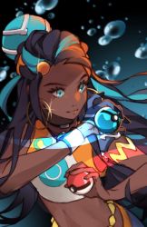 Rule 34 | 1girl, armlet, belly chain, bike shorts, black hair, blue eyes, blue hair, closed mouth, commentary, creatures (company), dark-skinned female, dark skin, dive ball, dynamax band, earrings, game freak, glint, gloves, gym leader, hair bun, holding, holding poke ball, hoop earrings, jewelry, long hair, multicolored hair, necklace, nessa (pokemon), nintendo, partially fingerless gloves, poke ball, poke ball (basic), pokemon, pokemon swsh, single glove, single hair bun, solo, syertse, symbol-only commentary, two-tone hair, water, water drop