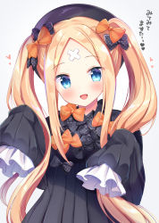 Rule 34 | 1girl, abigail williams (fate), bad id, bad pixiv id, black bow, black dress, black headwear, blonde hair, blue eyes, blush, bow, commentary request, crossed bandaids, dress, fate/grand order, fate (series), forehead, grey background, hair between eyes, hair bow, heart, highres, long hair, looking at viewer, masayo (gin no ame), open mouth, orange bow, parted bangs, polka dot, polka dot bow, purple bow, simple background, sleeves past fingers, sleeves past wrists, smile, solo, spoken heart, translation request, upper body, very long hair