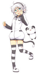 Rule 34 | 1girl, blush, cat tail, glasses, green eyes, headphones, lock heart (juuryokudou), open mouth, original, short hair, simple background, smile, striped clothes, striped thighhighs, tail, thighhighs, white background, yashiro (lock heart), yashiro (rock heart)