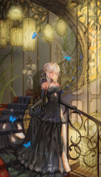 Rule 34 | 1girl, artoria pendragon (all), artoria pendragon (fate), bare shoulders, black dress, black gloves, black neckwear, black ribbon, blonde hair, braid, breasts, bug, butterfly, carpet, choker, closed mouth, collarbone, commentary request, criss-cross halter, detached sleeves, dress, elbow gloves, evening gown, expressionless, fate/stay night, fate (series), flower, flying, french braid, full body, gloves, glowing butterfly, hair bun, hair ribbon, half-closed eyes, halterneck, highres, indoors, insect, ironwork, lace, lace-trimmed dress, lace trim, lamp, leaf, light, light frown, light particles, light trail, long dress, looking at viewer, medium breasts, plant, potted plant, railing, ribbon, saber (fate), saber alter, short hair, signature, single hair bun, sk tori, skirt hold, solo, stairs, standing, vase, walking, yellow eyes