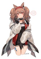 Rule 34 | 1girl, absurdres, angelina (arknights), animal ears, arknights, artist name, bare legs, black gloves, black shirt, black shorts, blush, breasts, brown hair, cleavage, coat, collarbone, commentary, cowboy shot, earpiece, fox ears, gloves, grin, hair between eyes, hairband, highres, jewelry, lips, looking at viewer, material growth, medium breasts, medium hair, neck ring, nys, off-shoulder shirt, off shoulder, open clothes, open coat, oripathy lesion (arknights), parted lips, playing with own hair, red eyes, shirt, short shorts, shorts, signature, simple background, smile, solo, spoken blush, thighs, twintails, twirling hair, white background, white coat