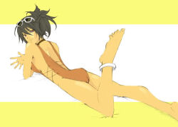 Rule 34 | 1girl, artist request, ass, barefoot, black choker, black hair, breasts, choker, eyewear on head, from behind, fujibayashi sheena, fujibayashi sheena (queen of the beach), highleg, highleg swimsuit, leg up, looking at viewer, lying, medium breasts, official alternate costume, on stomach, one-piece swimsuit, ponytail, red one-piece swimsuit, short ponytail, simple background, smile, sunglasses, swimsuit, tales of (series), tales of symphonia, third-party source, toes