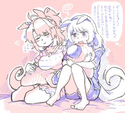 Rule 34 | 2girls, = =, animal ears, breasts, closed mouth, commentary request, dantsu flame (umamusume), hair between eyes, hair ornament, highres, hishi miracle (umamusume), horse ears, horse girl, medium breasts, medium hair, multiple girls, open mouth, pajamas, seiza, shorts, simple background, sitting, sweat, translation request, umamusume, wingo (wingo809361131)