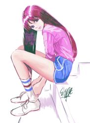 Rule 34 | 1girl, arms between legs, bike shorts, colored pencil (medium), commentary, english commentary, highres, hunched over, looking back, original, purple eyes, purple hair, purple lips, sherumaru (korcht06), sitting, solo, stairs, traditional media