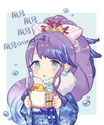 Rule 34 | 1girl, beads, blue eyes, blue hair, blush, bow, bubble, bucket, chibi, coral, earrings, fins, hair beads, hair bow, hair ornament, happy, japanese clothes, jewelry, kimono, kina (446964), long hair, looking at viewer, ningyo hime (sinoalice), open mouth, ponytail, rubber duck, sidelocks, sinoalice, sketch, solo