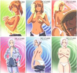Rule 34 | 00s, 1boy, 2girls, blonde hair, blush, breast hold, breasts, censored, convenient censoring, convenient head, covering privates, covering breasts, dark-skinned female, dark skin, dolores, dolores (zone of the enders), green eyes, james links, long hair, multiple girls, navel, no bra, noel links, official art, orange hair, panties, pilot suit, ponytail, rebecca hunter, red eyes, short hair, sideboob, silver hair, standing, towel, towel over breasts, underwear, white panties, zone of the enders, zone of the enders: dolores i