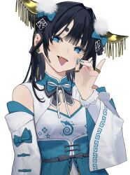Rule 34 | 1girl, black hair, blue bow, blue dress, blue eyes, blue nails, bow, character request, chinese clothes, chinese zodiac, detached sleeves, dress, fox shadow puppet, hair ornament, highres, jewelry, long hair, looking at viewer, mashiro kta, original, ring, simple background, solo, thick eyebrows, tongue, tongue out, white background, wide sleeves, year of the dragon
