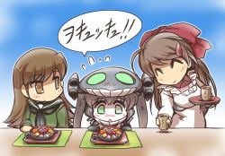 Rule 34 | 10s, 3girls, abyssal ship, anmitsu (dessert), apron, blush, bow, bowl, brown eyes, brown hair, closed eyes, cup, fangs, flying sweatdrops, food, green eyes, grey hair, hair bow, hair ornament, hairclip, hat, hisahiko, kantai collection, long hair, long sleeves, mamiya (kancolle), md5 mismatch, multiple girls, neckerchief, ooi (kancolle), open mouth, ponytail, school uniform, serafuku, smile, teacup, translation request, tray, wo-class aircraft carrier, yunomi