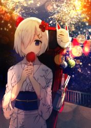Rule 34 | 10s, 1girl, aerial fireworks, bad id, bad nicoseiga id, blue eyes, candy apple, eating, festival, fireworks, flower, food, fox mask, hair flower, hair ornament, hair over one eye, hairclip, hamakaze (kancolle), highres, japanese clothes, kantai collection, kimono, lens flare, looking at viewer, machinery, mask, unworn mask, night, night sky, obi, sash, short hair, silver hair, sky, solo, summer festival, usuke (38257259)