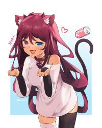 Rule 34 | 1girl, animal ears, asymmetrical legwear, blouse, bridal gauntlets, can, cat ears, cat tail, collar, drink can, heterochromia, highres, hololive, hololive english, irys (hololive), kemonomimi mode, looking at viewer, mismatched legwear, namiorii, nyan, open mouth, paw pose, shirt, smile, soda can, solo, t-shirt, tail, thighhighs, virtual youtuber, white shirt