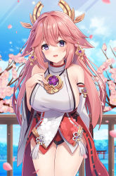 Rule 34 | 1girl, absurdres, animal ears, arm behind back, bad id, bad pixiv id, bare legs, bare shoulders, blush, breasts, cherry blossoms, cowboy shot, earrings, floppy ears, fox ears, genshin impact, hair between eyes, hand on own chest, highres, jewelry, large breasts, leaning forward, long hair, looking at viewer, mikan (user negv3532), nontraditional miko, open mouth, outdoors, pink hair, purple eyes, railing, sideboob, sidelocks, sky, smile, thigh gap, water, yae miko