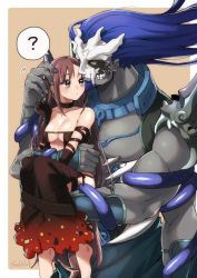 Rule 34 | ?, artist name, bare shoulders, barefoot, black choker, black dress, blue hair, border, breasts, brown hair, carrying, choker, cleavage, collarbone, couple, dress, extra ears, eye contact, facial hair, fate/grand order, fate (series), goatee, grey eyes, height difference, highres, husband and wife, large breasts, long hair, looking at another, muscular, muscular male, seeds328, spoken question mark, very long hair, white border, xiang yu (fate), yellow eyes, yu mei-ren (fate)