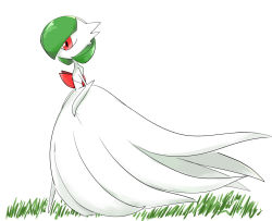 Rule 34 | 1girl, bare shoulders, bob cut, colored skin, creatures (company), dress, elbow gloves, female focus, flat chest, from side, game freak, gardevoir, gen 3 pokemon, gloves, grass, green hair, highres, mega gardevoir, mega pokemon, nintendo, outdoors, pokemon, pokemon (creature), red eyes, rve, short hair, simple background, solo, strapless, strapless dress, walking, white background, white dress, white gloves, white skin