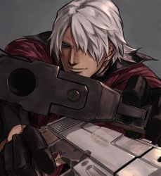 Rule 34 | 1boy, black gloves, blue eyes, closed mouth, dante (devil may cry), devil may cry (series), dual wielding, gloves, gradient background, grey background, grey hair, gun, hair over one eye, handgun, holding, holding gun, holding weapon, male focus, nama29 m, pistol, pointing weapon, short hair, solo, upper body, weapon