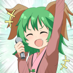 Rule 34 | +++, 1girl, :d, ^ ^, animal ears, aqua background, arm up, blush, brown dress, cato (monocatienus), closed eyes, commentary request, dress, emphasis lines, facing viewer, fang, green hair, hand up, holding, holding microphone, kasodani kyouko, long sleeves, microphone, open mouth, smile, solo, touhou, upper body
