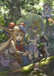 Rule 34 | 6+girls, 77gl, :d, :p, ;p, alternate costume, black thighhighs, blonde hair, blue hair, bow, brown hair, chen, chen (cat), dappled sunlight, elbow gloves, female focus, floating, forest, gloves, hair bow, hat, head bump, highres, hinanawi tenshi, horn ornament, horn ribbon, horns, ibuki suika, inaba tewi, injury, keystone, large bow, leaf umbrella, lily pad, log, long hair, mask, miniskirt, moriya suwako, moss, multiple girls, multiple tails, mushroom, nature, no nose, one eye closed, open mouth, outdoors, petticoat, pointing, pyonta, red eyes, ribbon, rock, shade, short hair, short sleeves, skirt, smile, standing, sunlight, tail, thighhighs, tongue, tongue out, touhou, tree, tree shade, two tails, umbrella, wink, yellow eyes