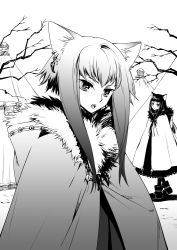Rule 34 | 2girls, animal ears, ashi, coat, greyscale, long hair, looking at viewer, monochrome, multiple girls, open mouth, original, overcoat