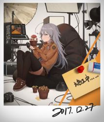 Rule 34 | 1girl, ahoge, belt, black belt, braid, brown footwear, brown shorts, brown sweater, cable, camera, case, chinese commentary, commentary request, computer, dated, eraser, flower pot, fly agaric, grey eyes, grey hair, hair between eyes, highres, holding, holding flower pot, holding pot, hoshi syoko, idolmaster, idolmaster cinderella girls, indoors, keyboard, long hair, long sleeves, mushroom, note, pot, recording studio, ribbed sweater, safety pin, shorts, side braid, single braid, sitting, sleeves past wrists, solo, sweater, teeth, thighhighs, translation request, turtleneck, turtleneck sweater, waterkuma, zettai ryouiki
