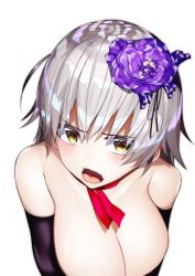 Rule 34 | 1girl, bare shoulders, blush, breasts, cleavage, dress, elbow gloves, eyebrows hidden by hair, fate/grand order, fate (series), flower, gloves, grey hair, hair flower, hair ornament, highres, jeanne d&#039;arc (fate), jeanne d&#039;arc alter (avenger) (fate), jeanne d&#039;arc alter (fate), large breasts, long hair, looking at viewer, looking up, mairudo (mildcoffee1117), official alternate costume, open mouth, ribbon, simple background, sleeveless, sleeveless dress, solo, upper body, white background, white hair, yellow eyes