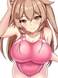Rule 34 | 1girl, blush, breasts, brown eyes, collarbone, competition swimsuit, cowboy shot, gradient hair, hair between eyes, hair flaps, hair ornament, hair ribbon, hairclip, hand on own head, heterochromia, highres, kantai collection, large breasts, light brown hair, long hair, looking at viewer, montemasa, multicolored hair, murasame (kancolle), murasame kai ni (kancolle), one-piece swimsuit, pink one-piece swimsuit, red eyes, ribbon, smile, solo, swimsuit, two side up, white background