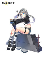 Rule 34 | 1girl, bandaid, belt, black footwear, black gloves, blue eyes, boots, bruise, closers, crop top, cutoffs, fingerless gloves, frown, gloves, grey hair, grey shorts, hairband, highres, injury, long hair, long sleeves, looking at viewer, low ponytail, midriff, navel, official art, seulbi lee, shirt, short shorts, shorts, simple background, sitting, skateboard, socks, solo, squiggle, stomach, thigh strap, thighs, two-tone shirt, white background, wide sleeves