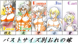 Rule 34 | 5boys, arc system works, blazblue, blazblue: calamity trigger, bust chart, carl clover, chart, fangs, glasses, iron tager, kisaragi jin, male focus, multiple boys, ragna the bloodedge, scar, shishigami bang, translated