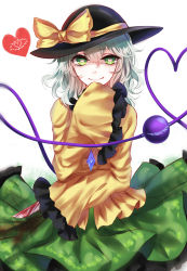 Rule 34 | 1girl, absurdres, bad id, bad pixiv id, blood, blood on clothes, bloody knife, blouse, bow, collar, diamond (shape), frilled collar, frilled shirt collar, frilled skirt, frilled sleeves, frills, green eyes, green skirt, hand up, hat, hat bow, heart, heart-shaped pupils, heart of string, highres, holding, holding knife, knife, komeiji koishi, sheya, shirt, short hair, silver hair, simple background, skirt, sleeves past wrists, smile, solo, symbol-shaped pupils, third eye, touhou, white background, wide sleeves