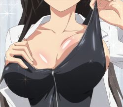 Rule 34 | 10s, 1girl, black hair, breasts, cleavage, female focus, gradient background, hasegawa chisato, large breasts, long hair, shinmai maou no testament, solo, stitched, swimsuit, third-party edit