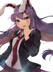 Rule 34 | 1girl, :p, absurdres, akanbe, animal ears, blazer, blouse, buttons, eyelid pull, finger to eye, highres, index finger raised, jacket, kurowa (curowa), long hair, necktie, pleated skirt, purple hair, rabbit ears, red eyes, red necktie, reisen udongein inaba, shirt, skirt, solo, tongue, tongue out, touhou, upper body