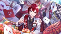 Rule 34 | 3boys, birthday sash, black eyes, cake, card, cater diamond, closed eyes, food, game cg, grimace, head out of frame, highres, holding, holding phone, jacket, looking at viewer, multiple boys, official art, open mouth, orange hair, phone, playing card, red hair, riddle rosehearts, trey clover, twisted wonderland, white jacket