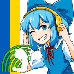Rule 34 | 1girl, bad apple!!, blue bow, blue eyes, blue hair, bow, cirno, clenched teeth, commentary, english commentary, grin, hair bow, hakurei reimu, hands on headphones, hands up, headphones, highres, looking at viewer, neck ribbon, one eye closed, red ribbon, ribbon, short hair, short sleeves, silhouette, smile, solo, teeth, touhou, ukrainian flag, upper body, wing collar, xen0moonz