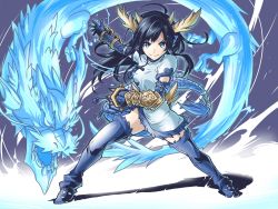 Rule 34 | &gt;:), 1girl, black hair, blue dress, blue eyes, blue footwear, blue thighhighs, boots, china dress, chinese clothes, dragon, dragon tail, dress, eastern dragon, full body, gauntlets, highres, horns, ishiyumi, kamen rider, kamen rider ryuki (series), karin (p&amp;d), long hair, parody, puzzle &amp; dragons, smirk, solo, standing, tail, thighhighs, v-shaped eyebrows, whiskers