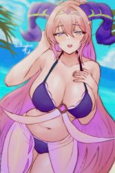 Rule 34 | 1girl, alternate costume, beach, bikini, blue sky, blush, breasts, circlet, cleavage, cloud, cowboy shot, curled horns, fire emblem, fire emblem heroes, goat horns, hair ornament, highres, horizon, horns, jewelry, large breasts, large horns, long hair, looking at viewer, mature female, multicolored hair, navel, nerthuz (fire emblem), nintendo, ocean, outdoors, palm tree, pink hair, purple bikini, purple eyes, purple hair, purple horns, rotomdocs, sand, sarong, see-through sarong, shore, sky, smile, solo, swimsuit, tree, two-tone hair, very long hair, water