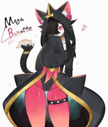 Rule 34 | 1girl, animal ear fluff, animal ears, banette, black dress, black hair, breasts, cat ears, cat girl, cat tail, claws, colored sclera, colored skin, creatures (company), dress, earrings, game freak, gen 3 pokemon, hair over one eye, highres, hood, jewelry, large breasts, leotard, long hair, looking at viewer, mega banette, mega pokemon, nintendo, pink sclera, pink skin, pokemon, pokemon (creature), sidelocks, slit pupils, smile, spiked thighlet, tail, thick thighs, thighlet, thighs, togetoge, white eyes, white skin, wide hips