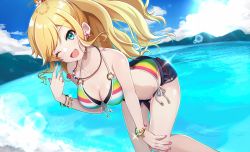 Rule 34 | 1girl, ;d, bare shoulders, beach, belt, bikini, blonde hair, blue eyes, blue sky, blush, bracelet, breasts, cleavage, cloud, collarbone, day, earrings, hair ornament, halterneck, highres, idolmaster, idolmaster cinderella girls, jewelry, large breasts, long hair, looking at viewer, nail polish, necklace, o-ring, o-ring top, obybuss, ocean, ohtsuki yui, one eye closed, open mouth, outdoors, pink nails, ponytail, short shorts, shorts, side-tie bikini bottom, sky, smile, solo, swept bangs, swimsuit, water, wavy hair